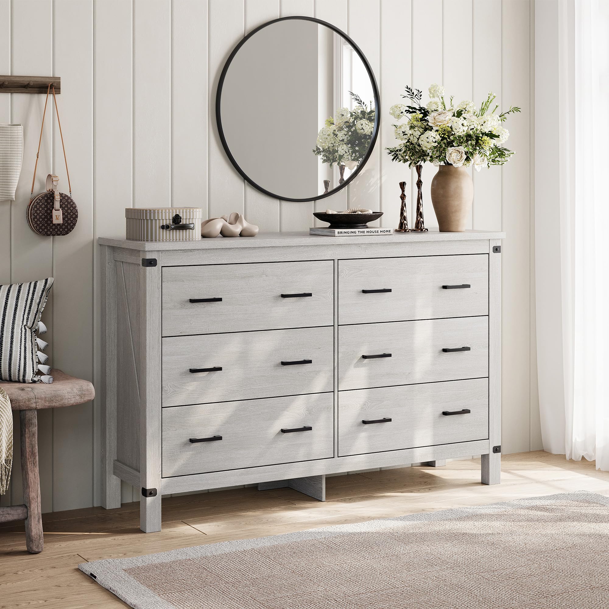6 Drawer Farmhouse Dresser with Metal Handles