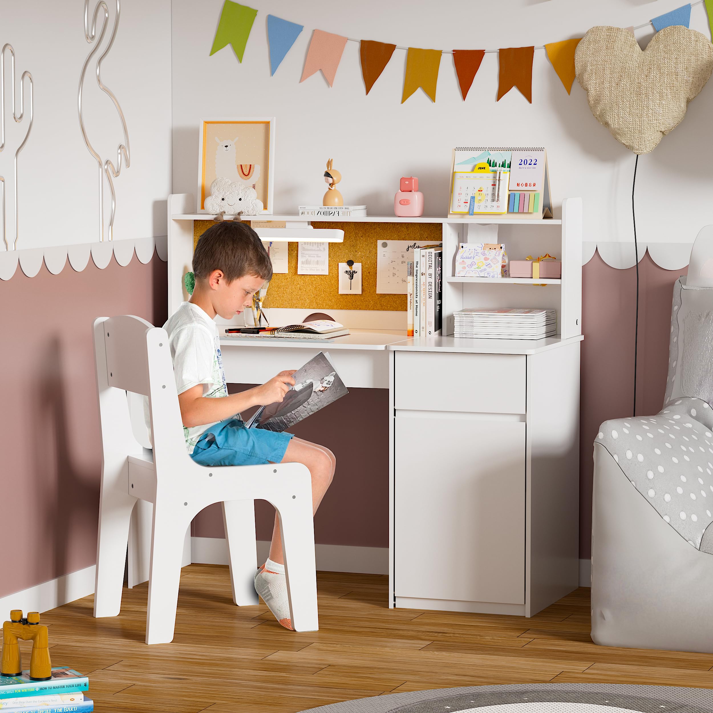Kids Study Desk and Chair Set with LED Lamp and Storage