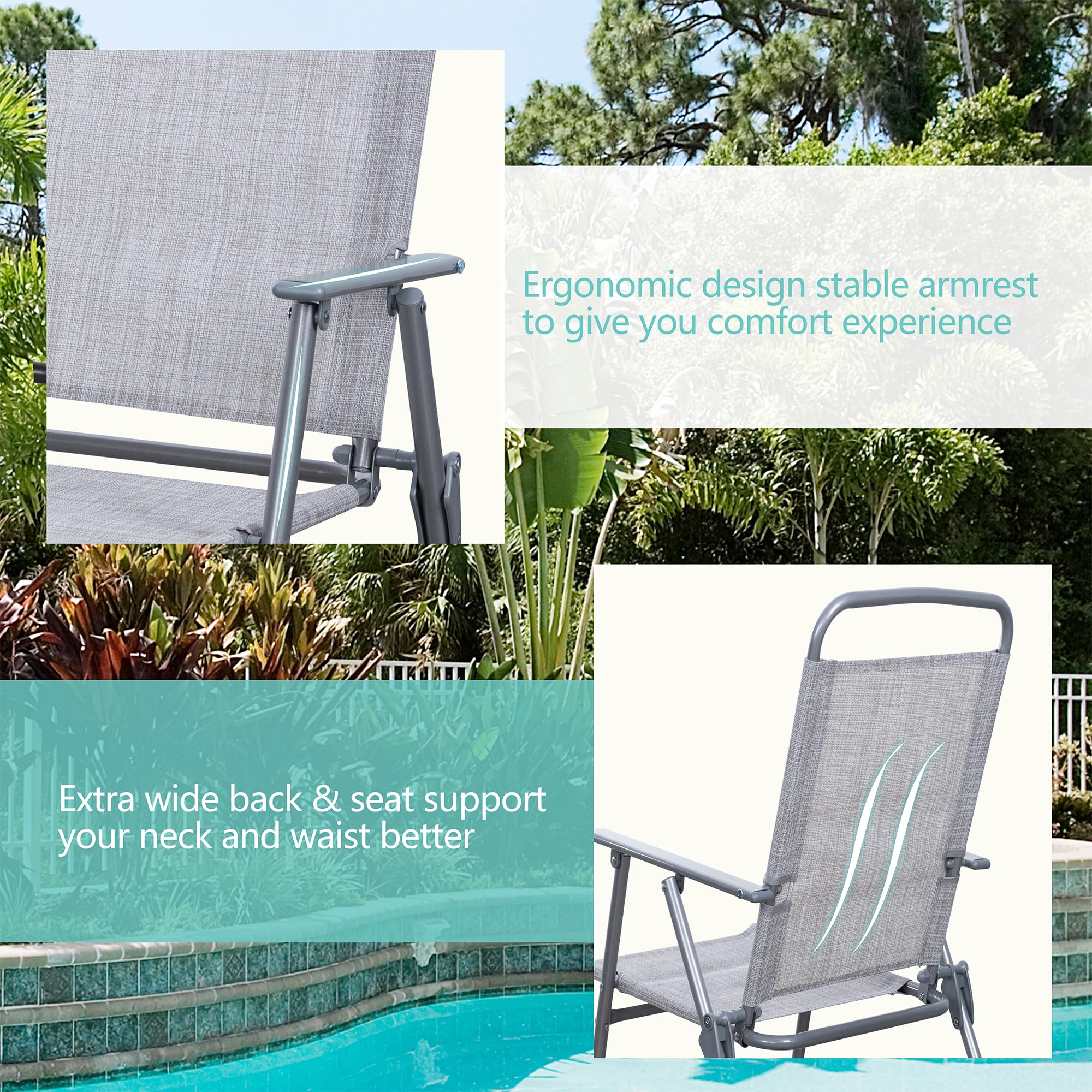 Vongrasig 6 Pieces Folding Patio Dining Set, All Weather Small Metal Outdoor Table and Chair Set, Garden Patio Furniture Set w/Umbrella, Glass Table & 4 Folding Chairs for Lawn, Backyard, Silver