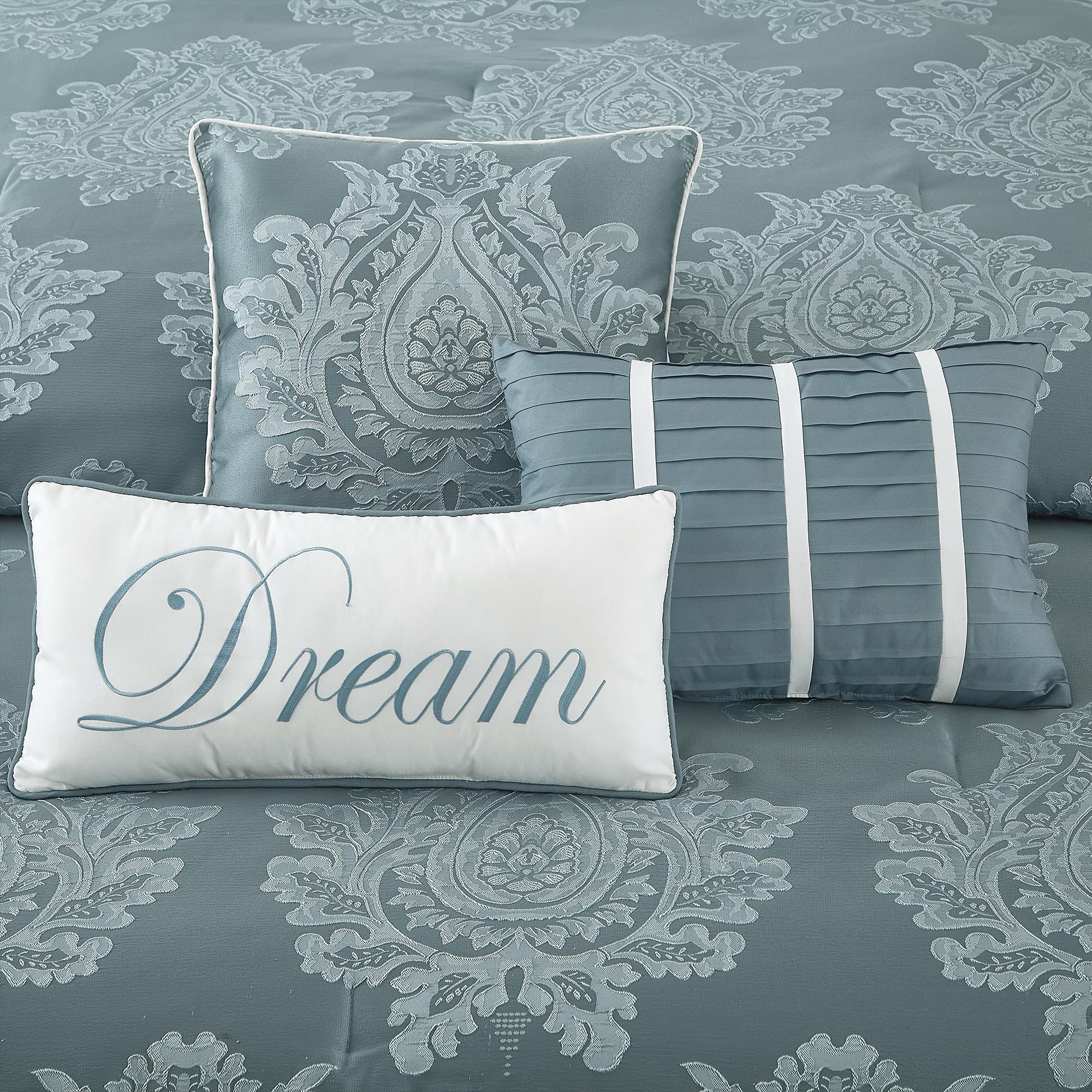 Blue King Size Damask Comforter Set - 7 Pieces