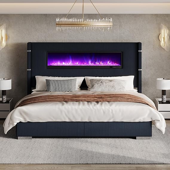 Queen Upholstered Platform Bed Frame with Fireplace and Tall Wingback Headboard