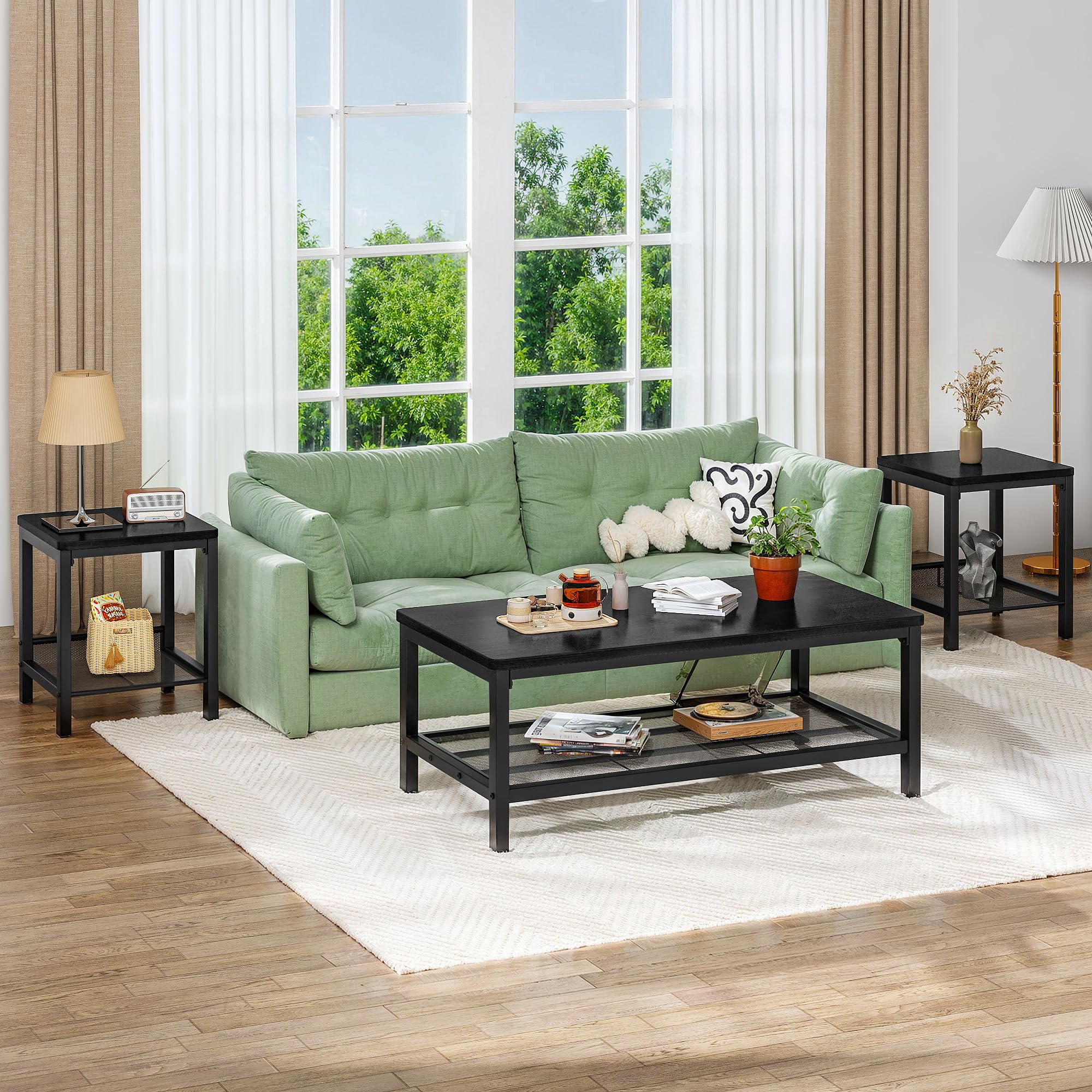 3-Piece Industrial Coffee Table Set with End Tables