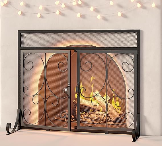 3-Panel Black Iron Fireplace Screen