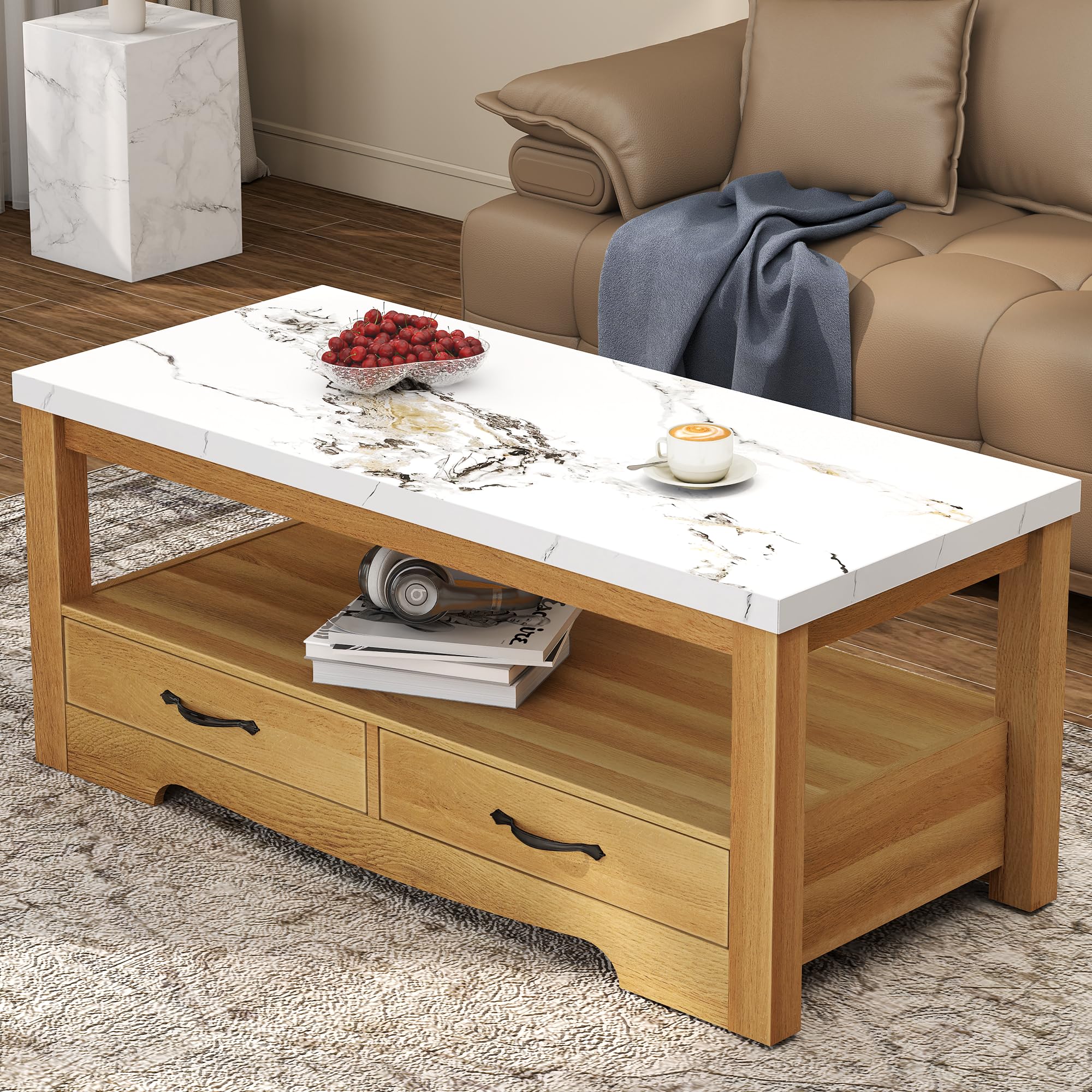 40" Faux Marble Coffee Table with Storage Drawers