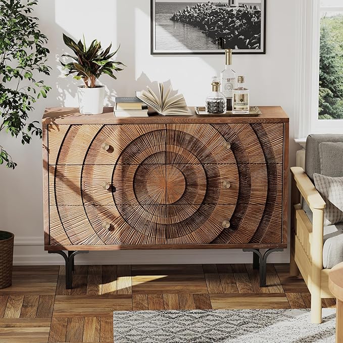 6-Drawer Farmhouse Dresser Circle Pattern Brown