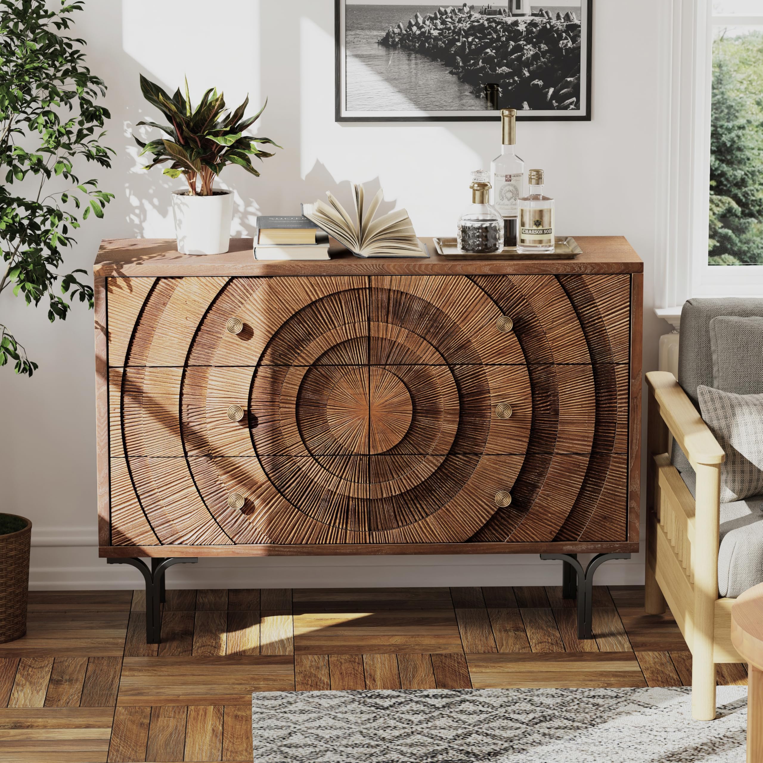 6-Drawer Farmhouse Dresser Circle Pattern Brown