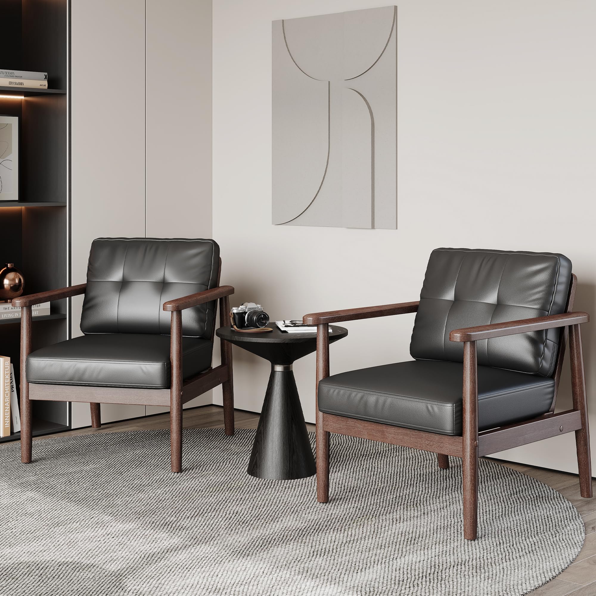 STHOUYN Mid Century Modern Chair, PU Leather Accent Chair Set of 2 with Wood Arms, Living Room Chairs, Reading Armchair for Bedroom, Waiting Room, Office