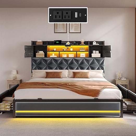 King Size Bed Frame with RGB LED Lights and Storage Headboard