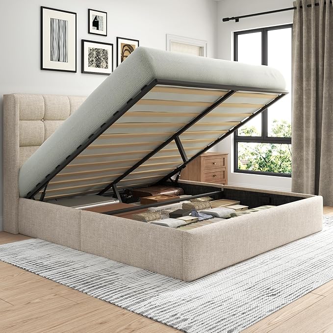 King Size Lift Up Storage Bed Frame with Tufted Wingback Headboard