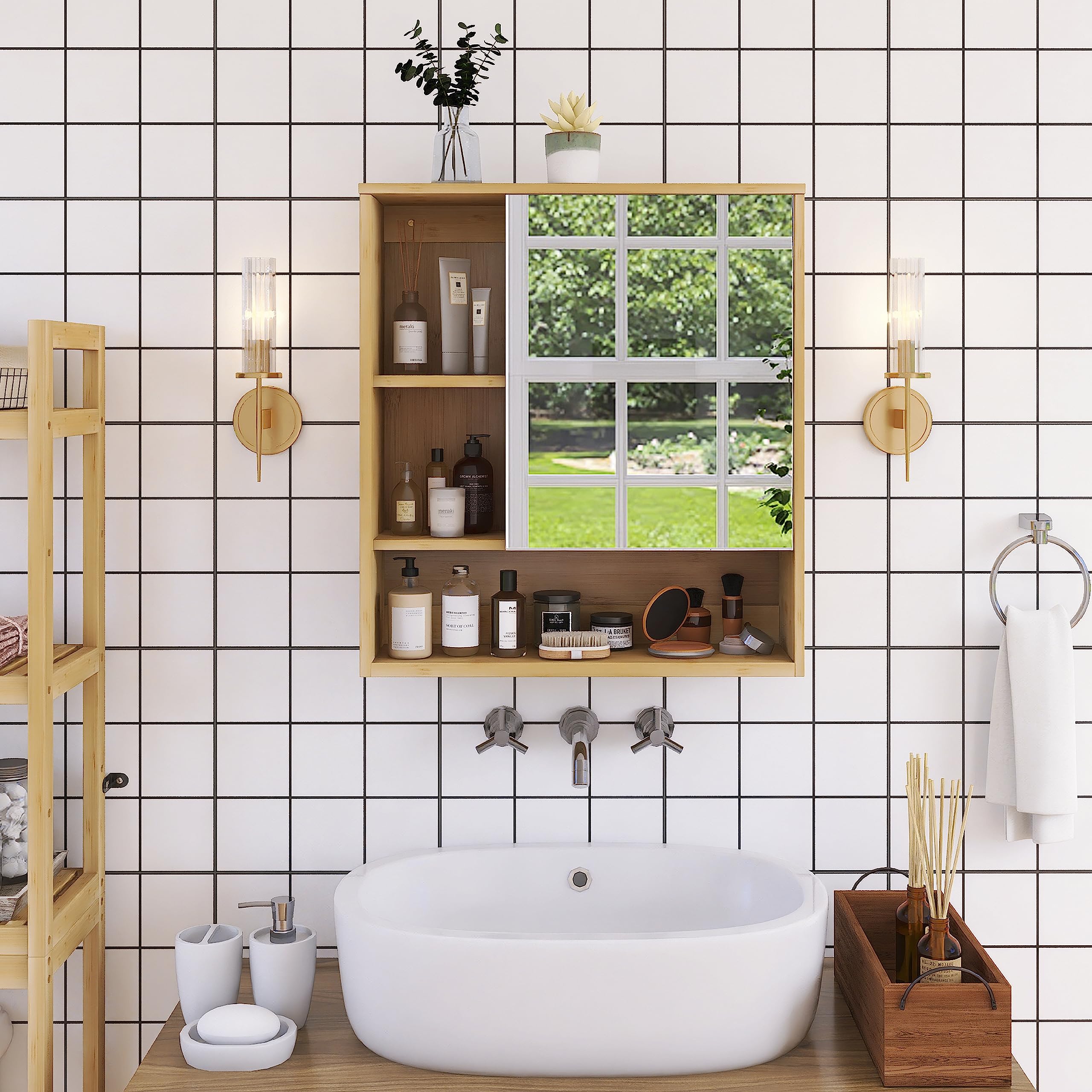 Bamboo Bathroom Mirror Cabinet Wall Mounted with Adjustable Shelf