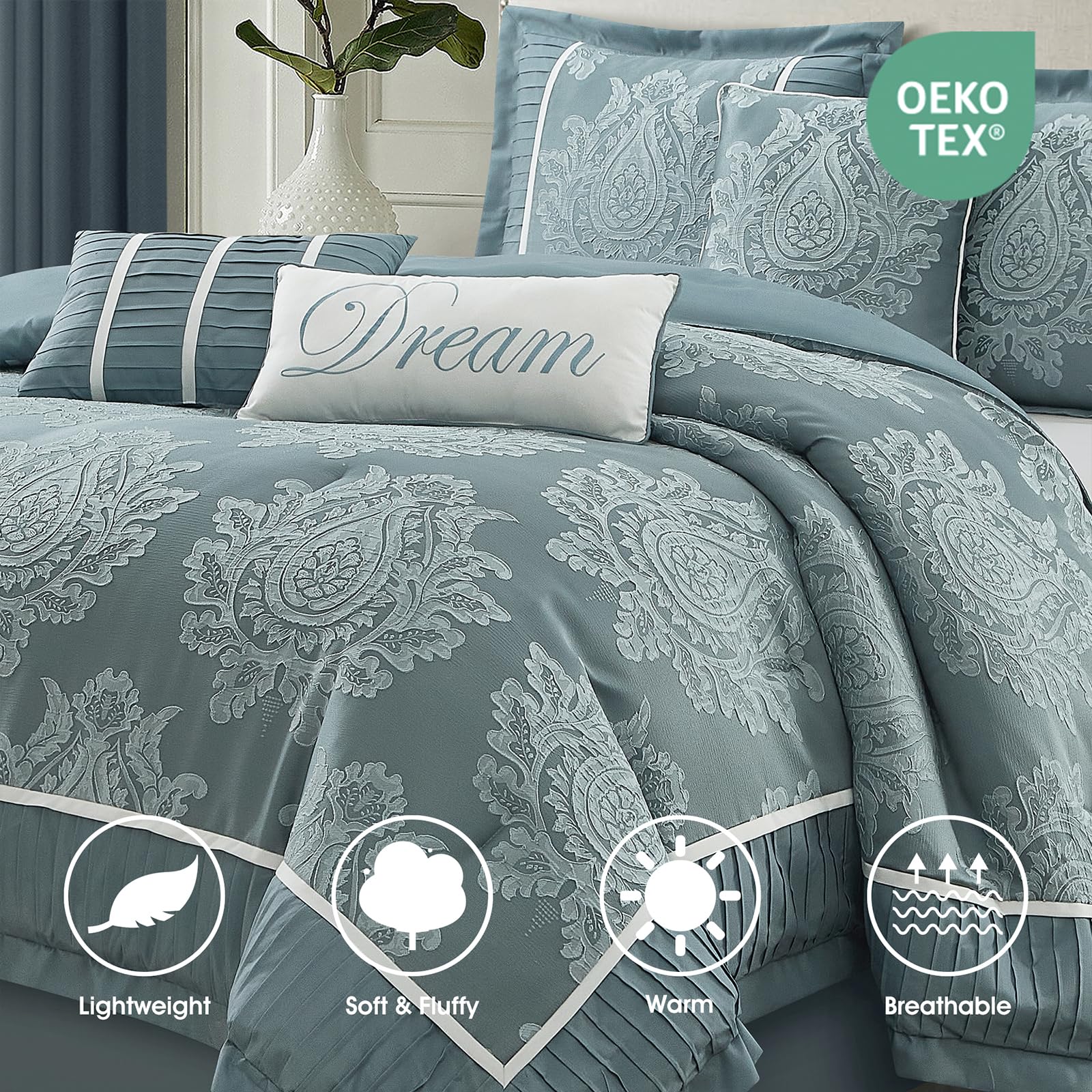 Blue King Size Damask Comforter Set - 7 Pieces