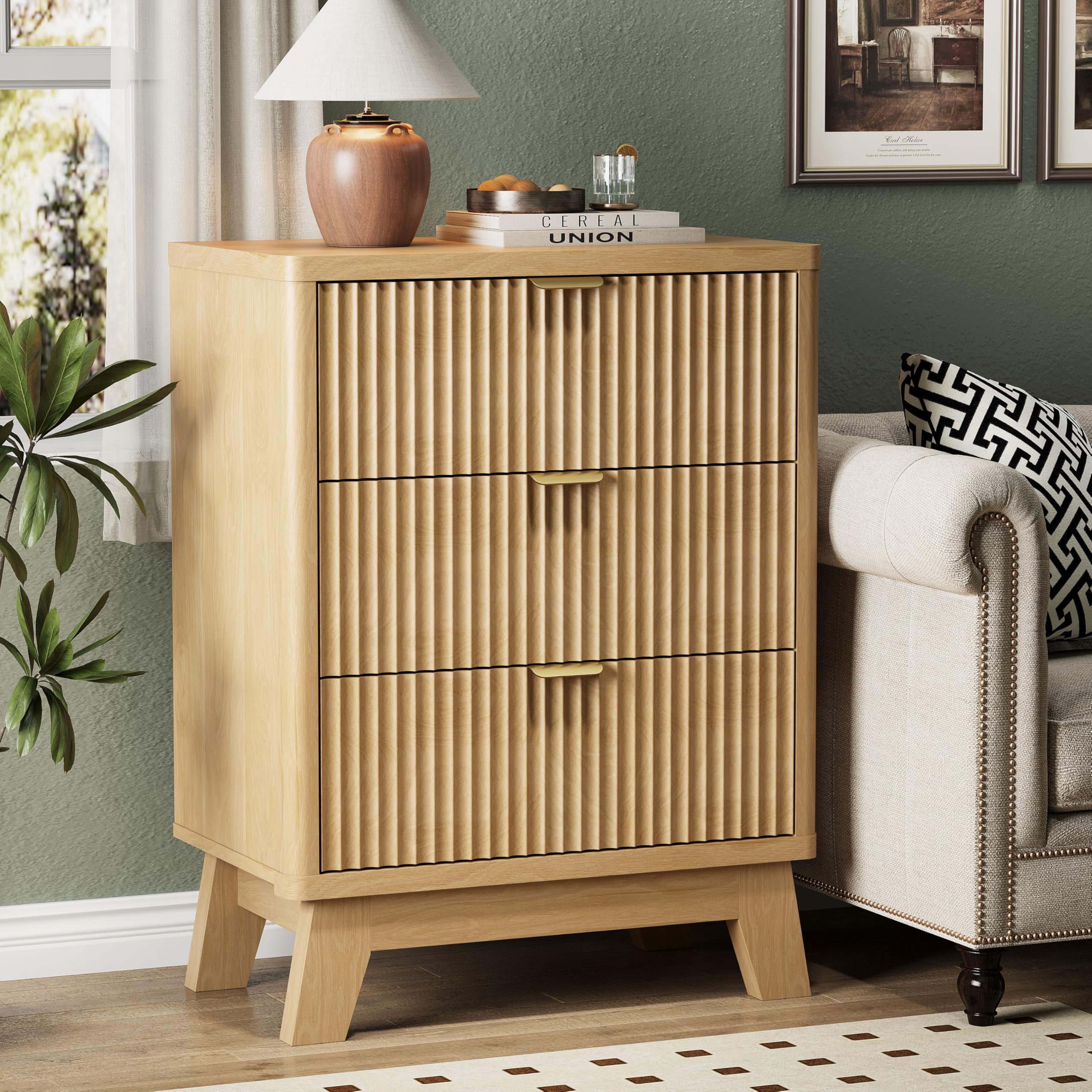 3-Drawer Fluted Nightstand with Metal Handle