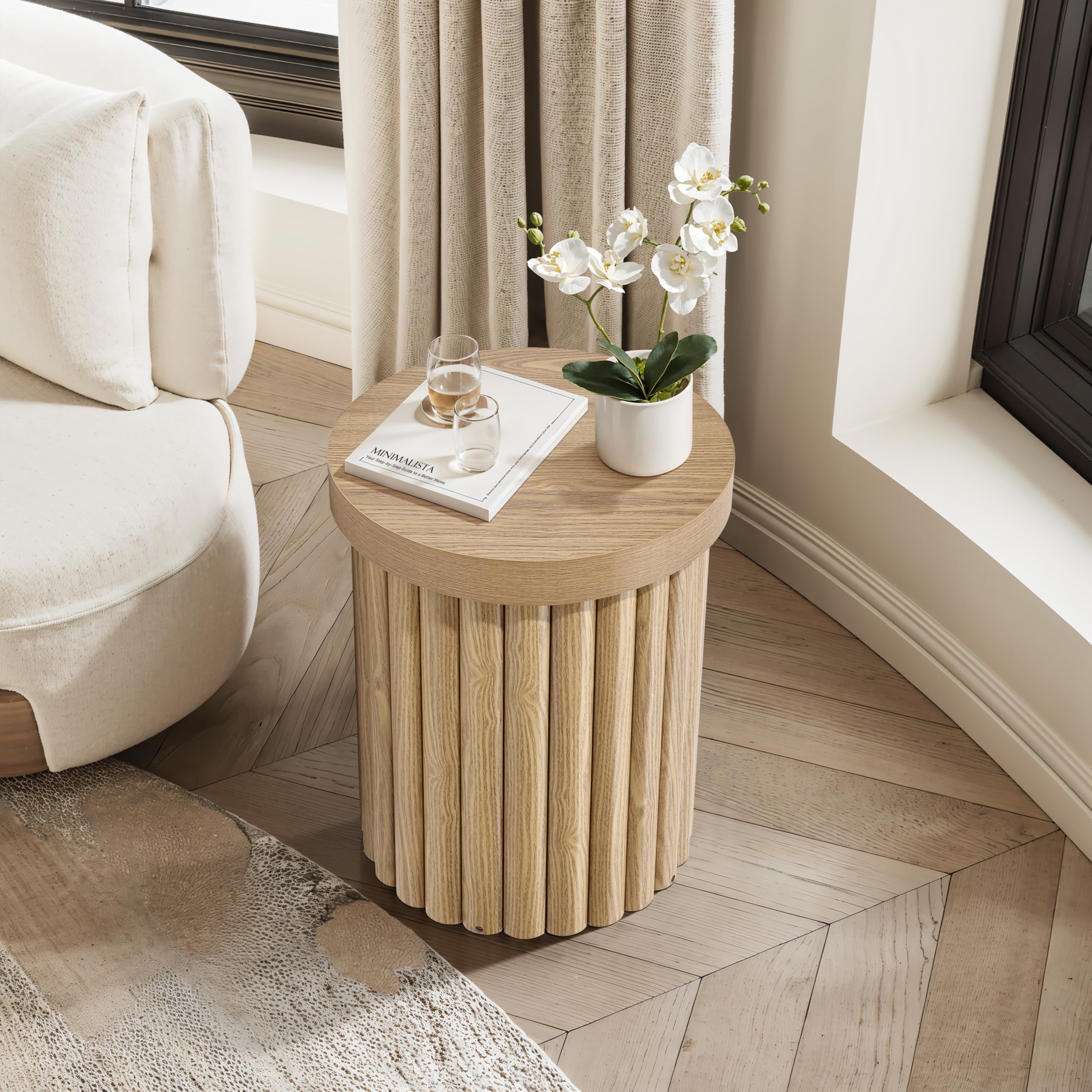 LuxenHome Round Side Table, 19" H Fluted Side Table for Small Spaces, Mid Century Modern Small End Table, Wooden Accent Tables, Couch Side Tables, Round Nightstand for Living Room, Bedroom