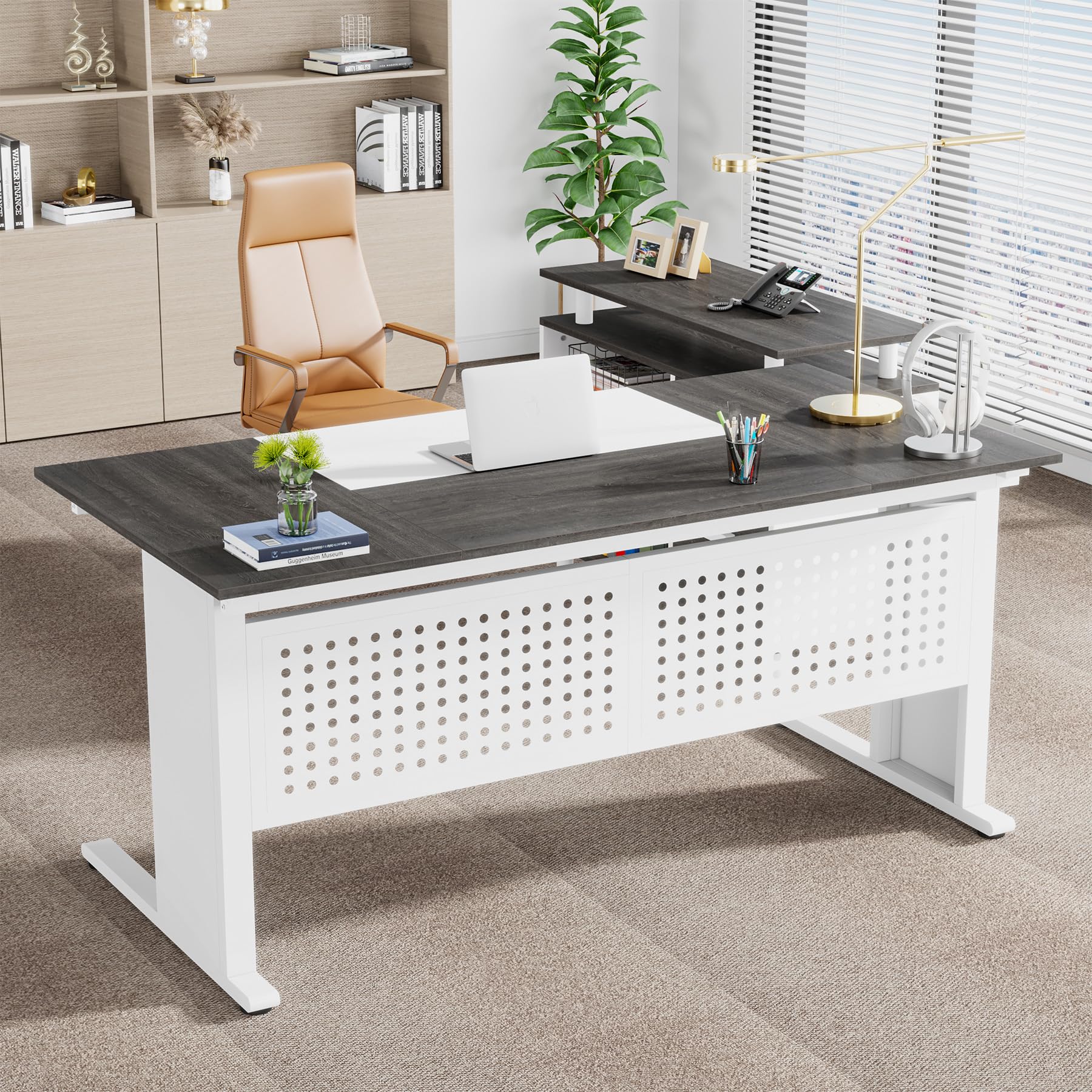 63 Inch L-Shaped Executive Desk with File Cabinet and Storage Shelves