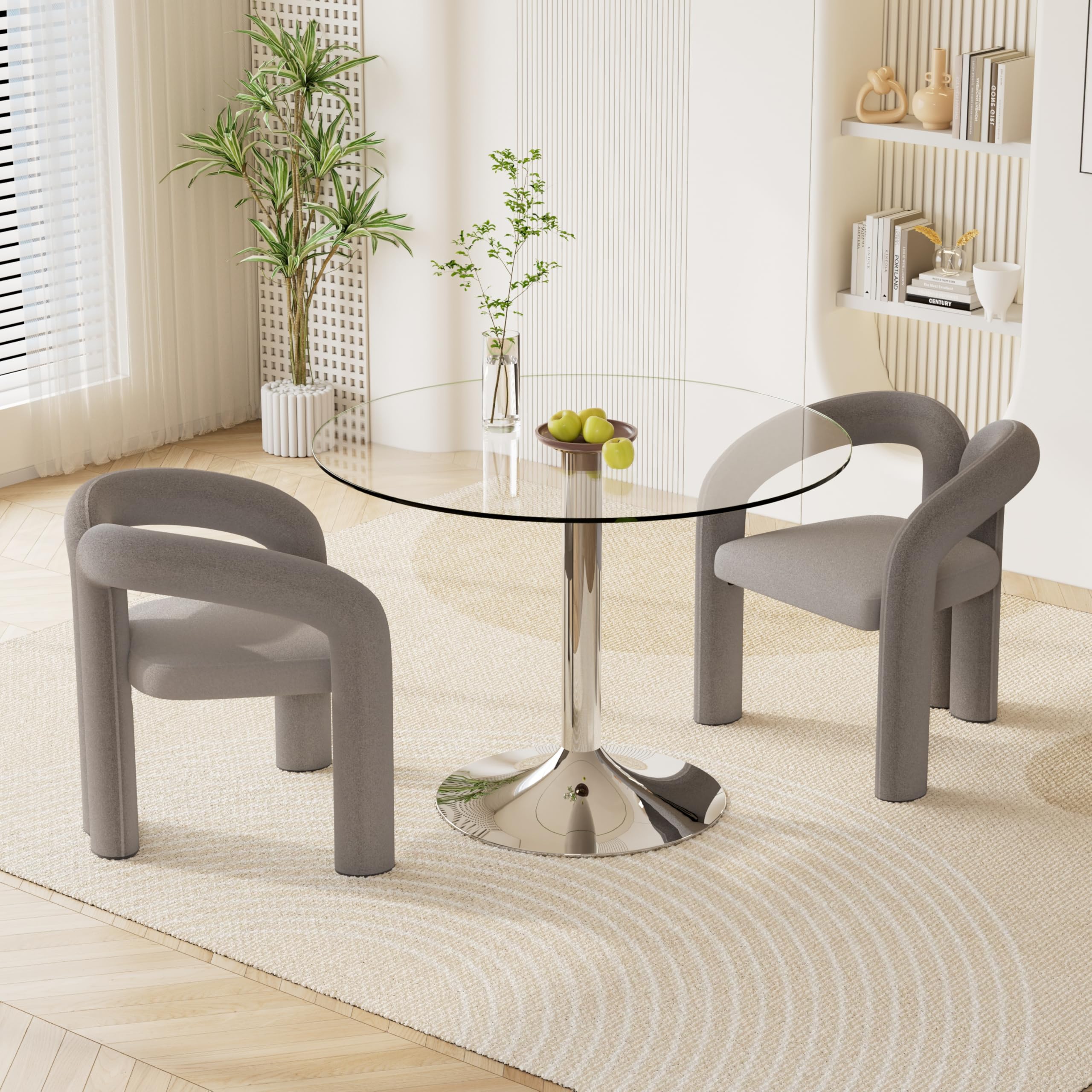 3 Piece Round Glass Dining Set with Velvet Chairs