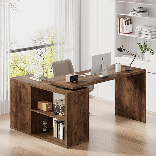 L-Shaped Corner Desk with Storage Shelves