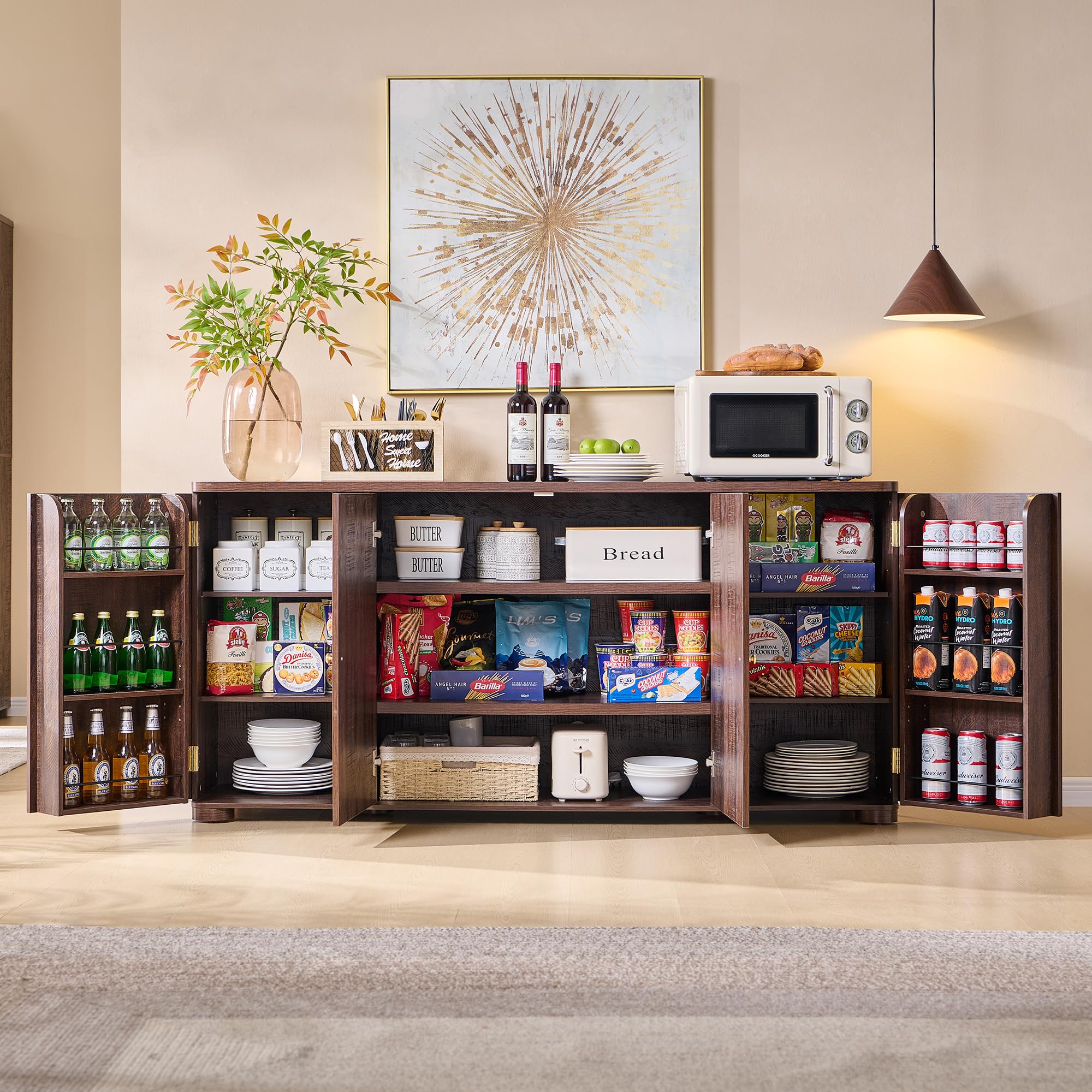 66" Curved Buffet Cabinet with 4 Doors and Shelves