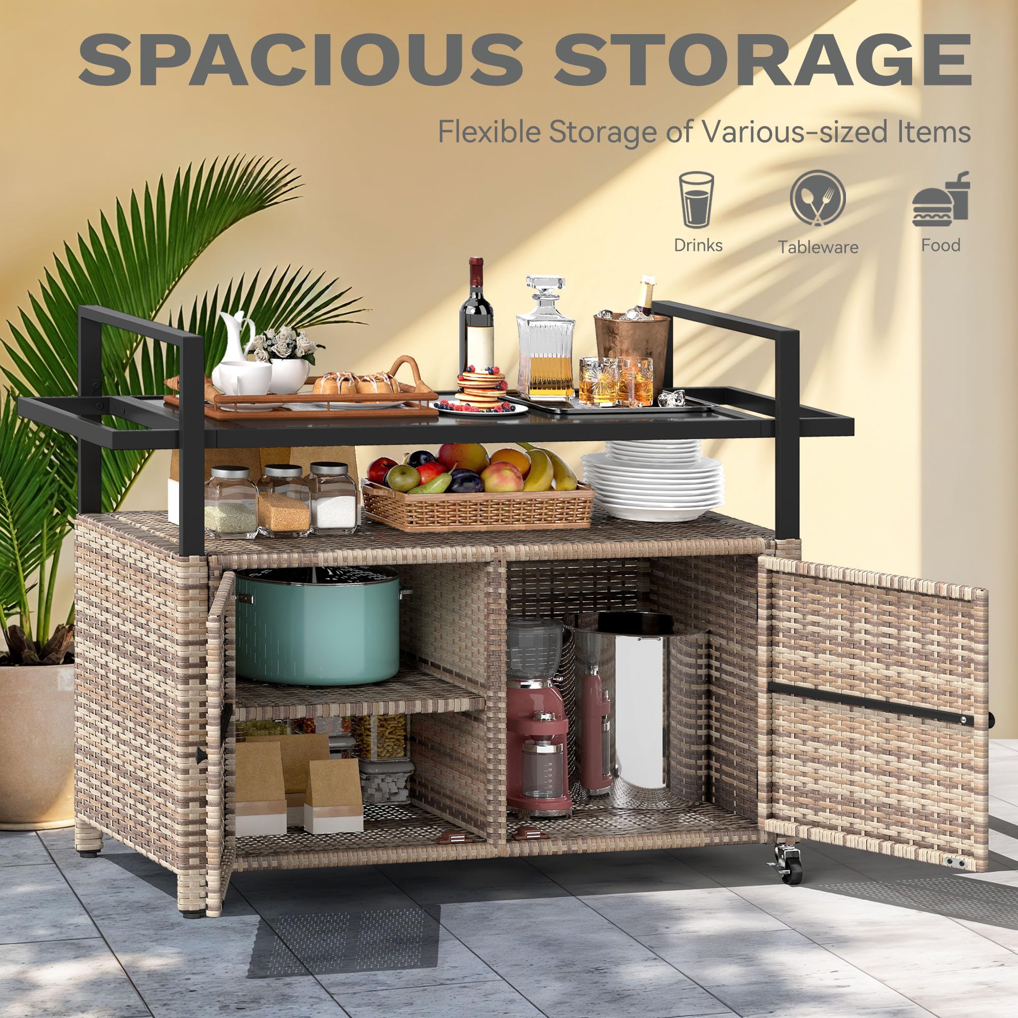 Outdoor Bar Cart with Storage and Glass Top
