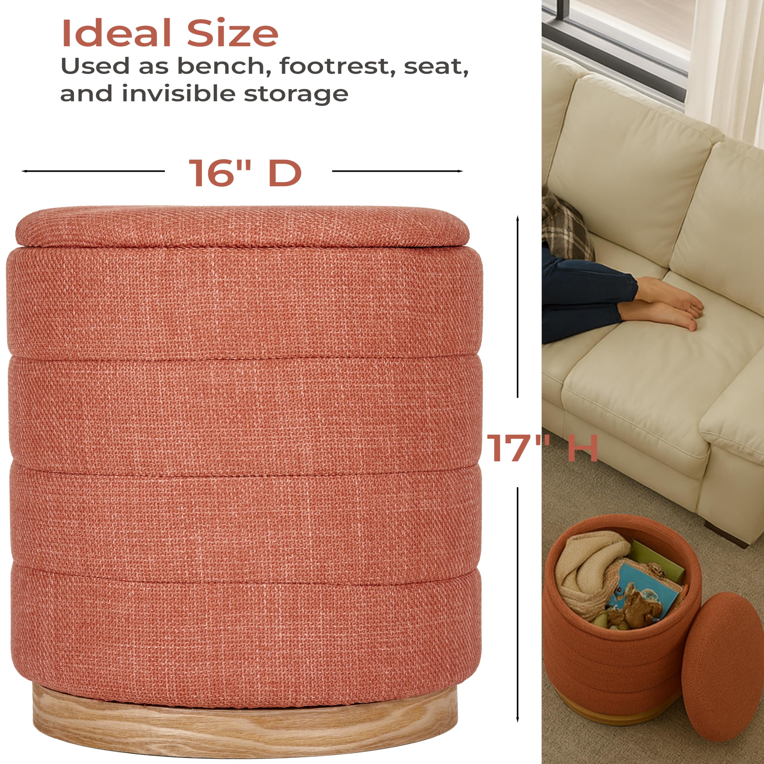 Round Storage Ottoman - Linen Upholstered Footrest Bench