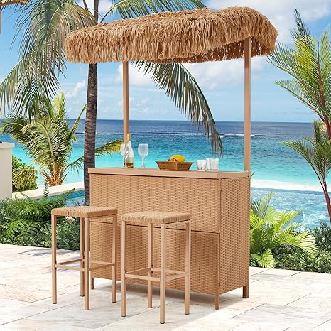 Outdoor Tiki Bar Set with 2 Stools