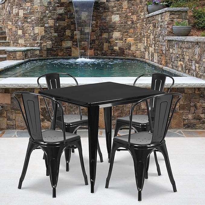 31.5" Square Metal Indoor-Outdoor Dining Table Set with 4 Chairs