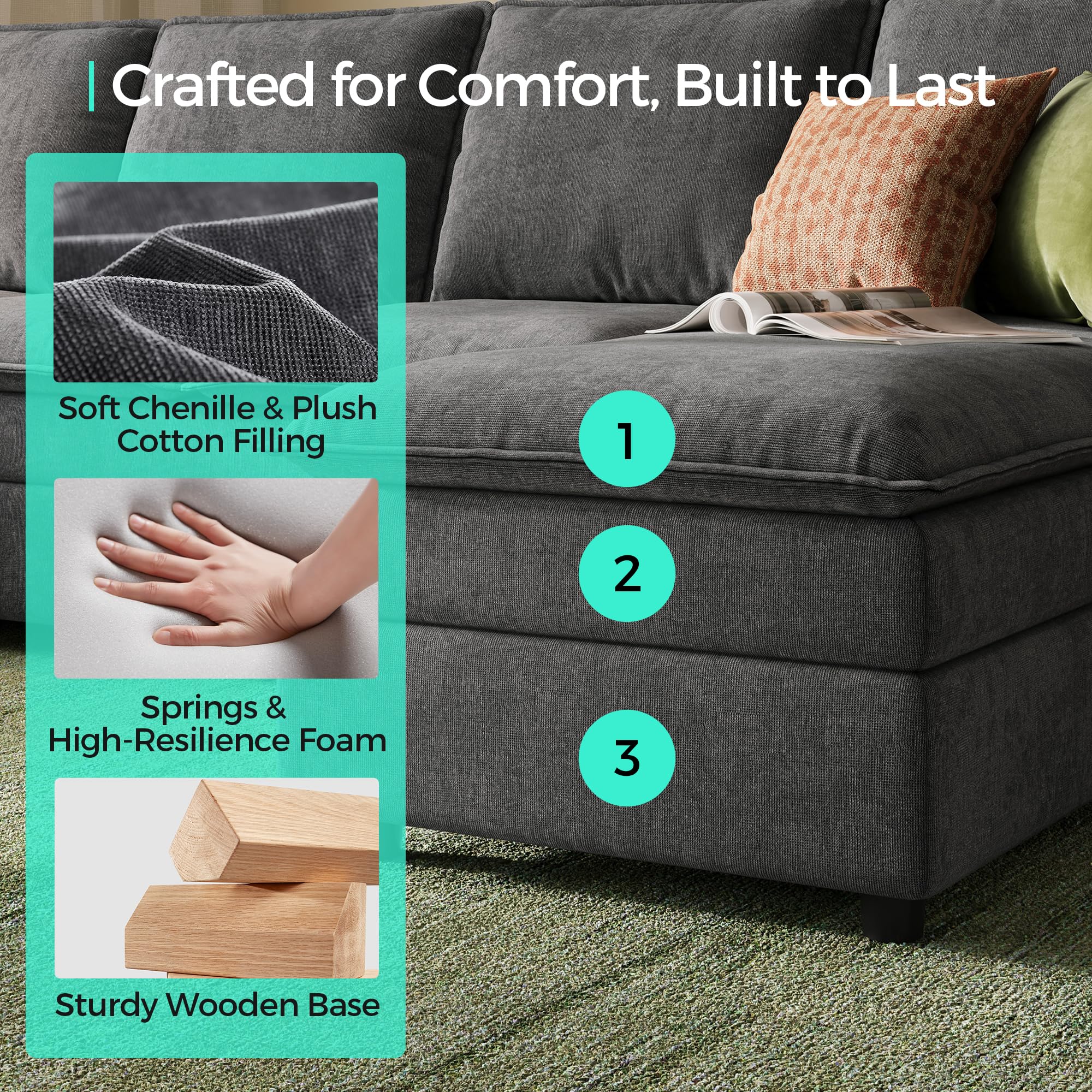 U-Shaped Cloud Couch Sectional Sofa 115" with Double Chaise Lounge