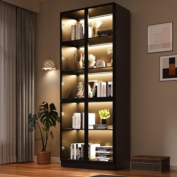 Wooden Display Storage Cabinet with Glass Door and LED Lights