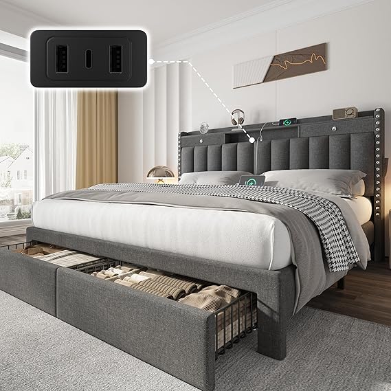 Queen Bed Frame with Storage Drawers and Charging Station