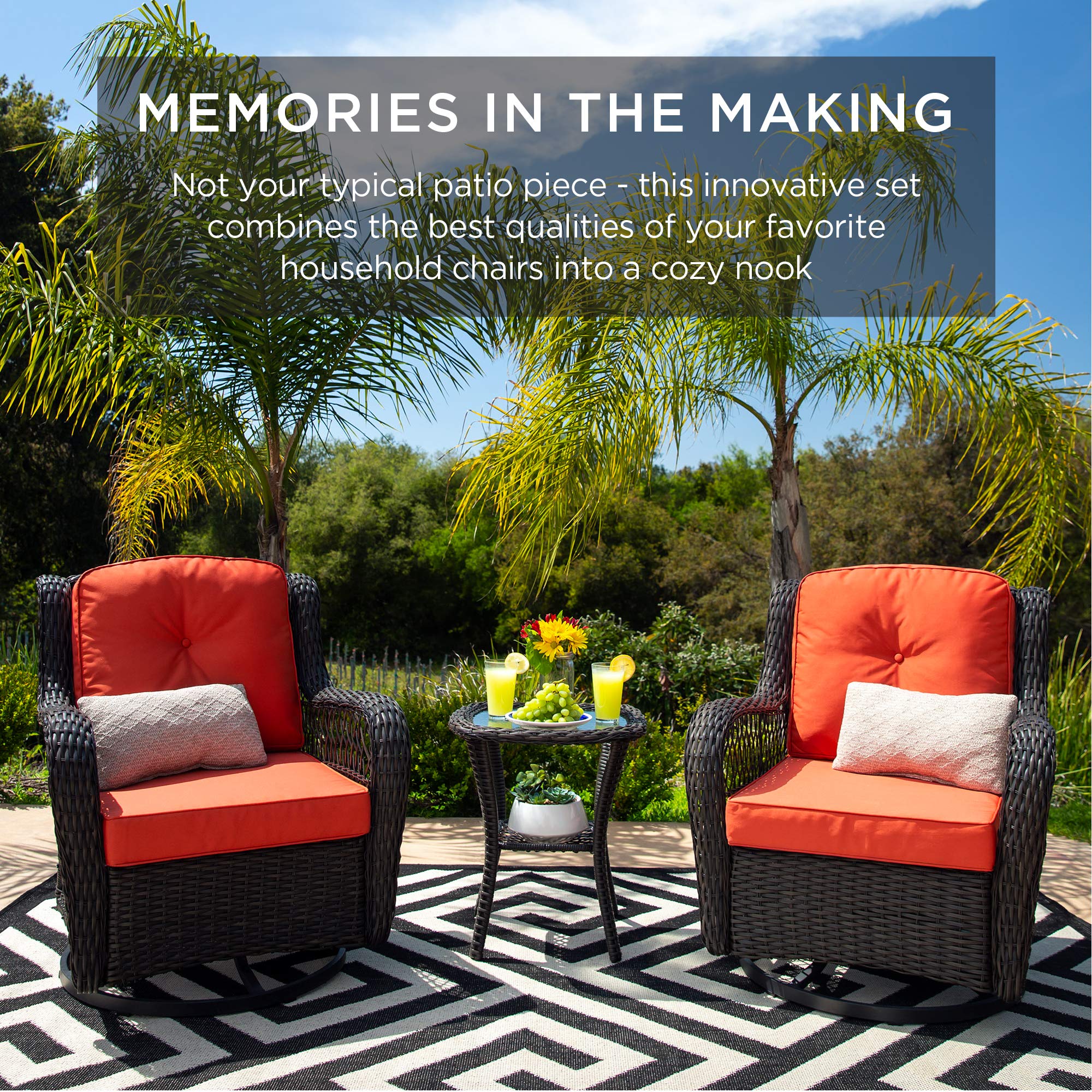 3-Piece Outdoor Wicker Patio Bistro Set with Swivel Rocking Chairs