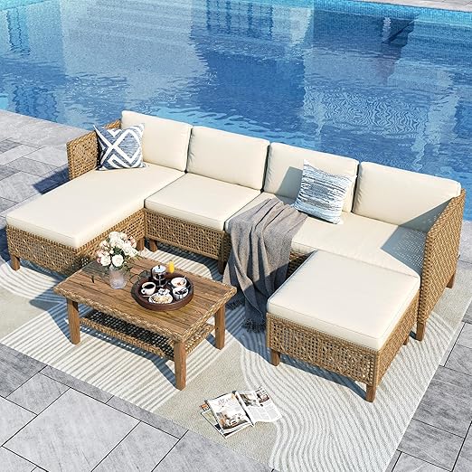 Outdoor Rattan Sofa Set with Cushions & Coffee Table - 3 Piece Patio Furniture