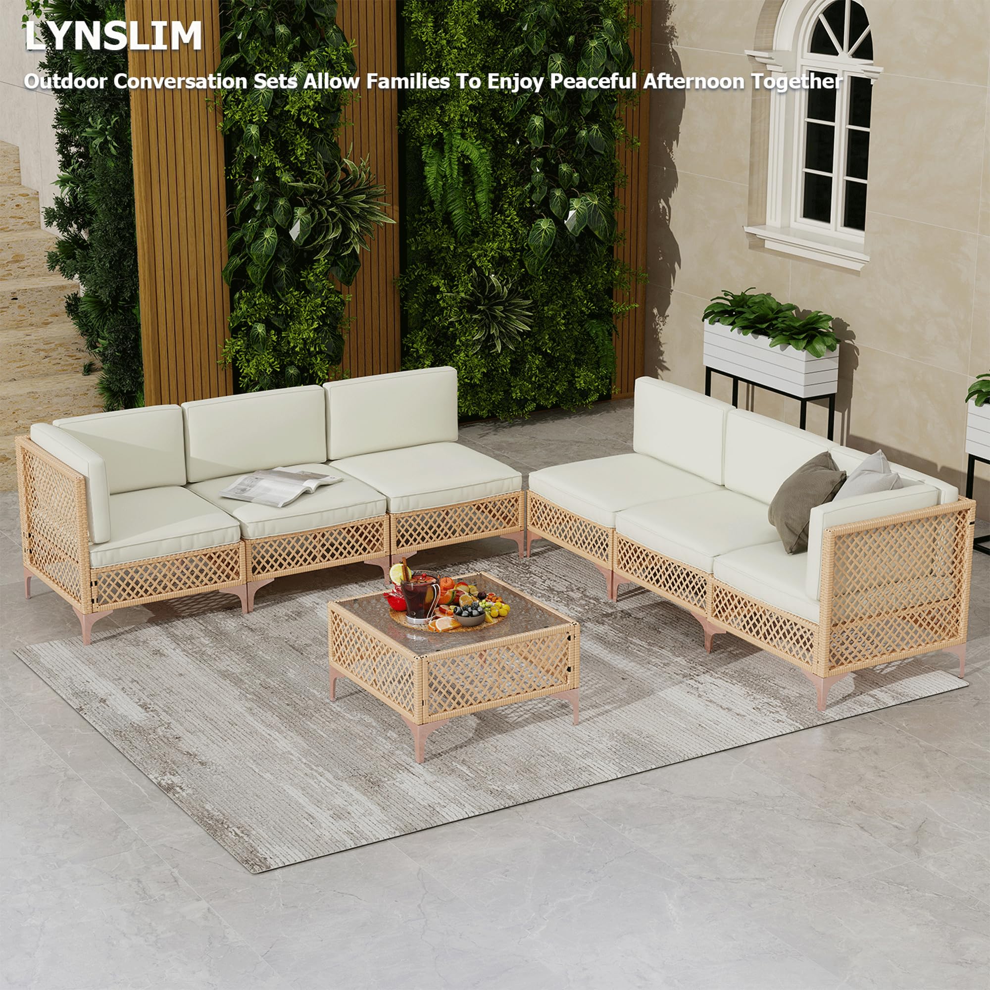 7-Piece Wicker Outdoor Sectional Sofa Set with Glass Coffee Table