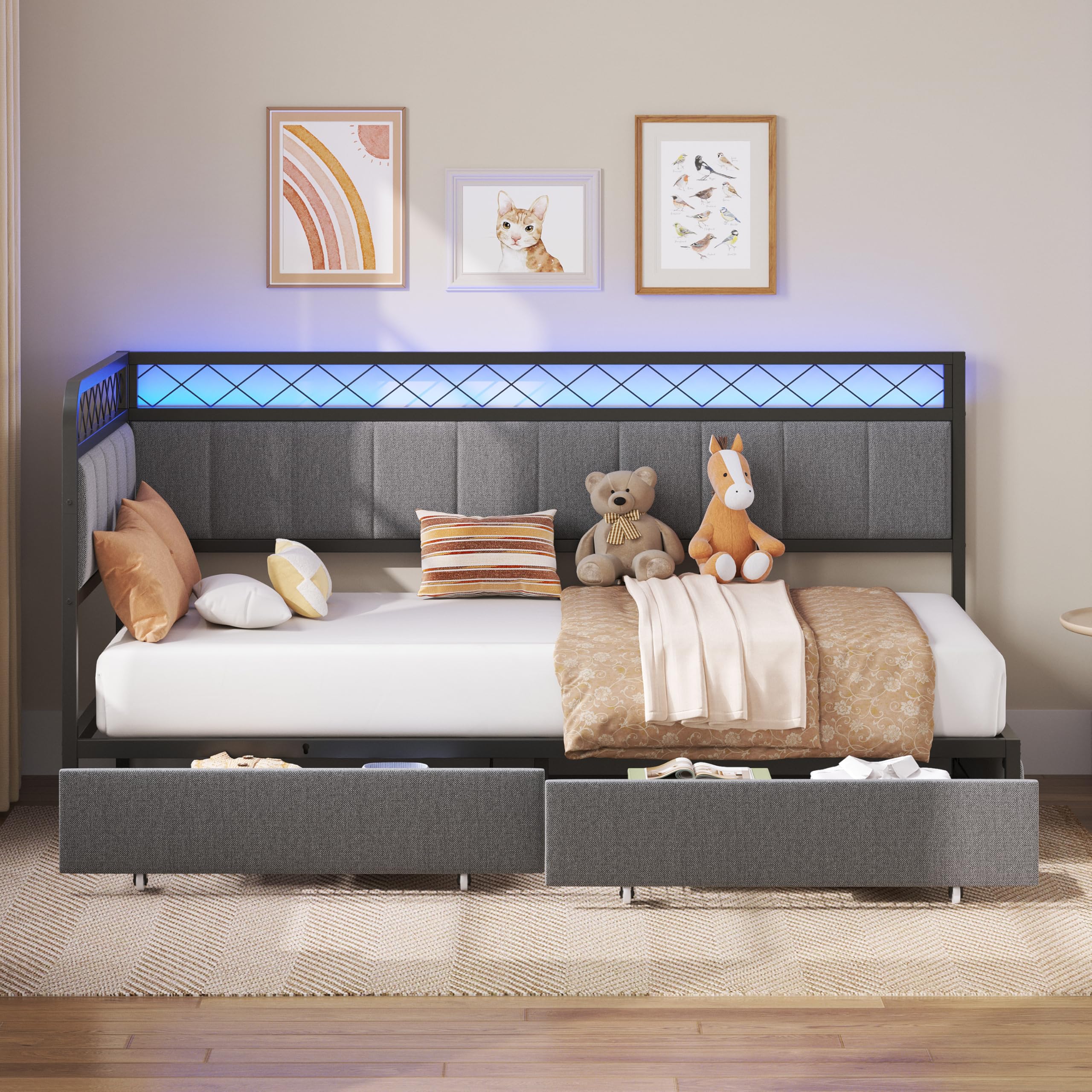 Twin Daybed with Storage Drawers and LED Charging Station