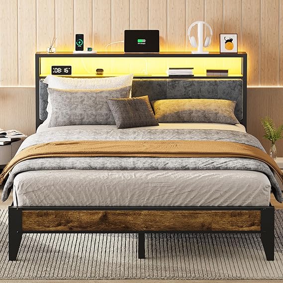 King Bed Frame with LED Headboard and Charging Station