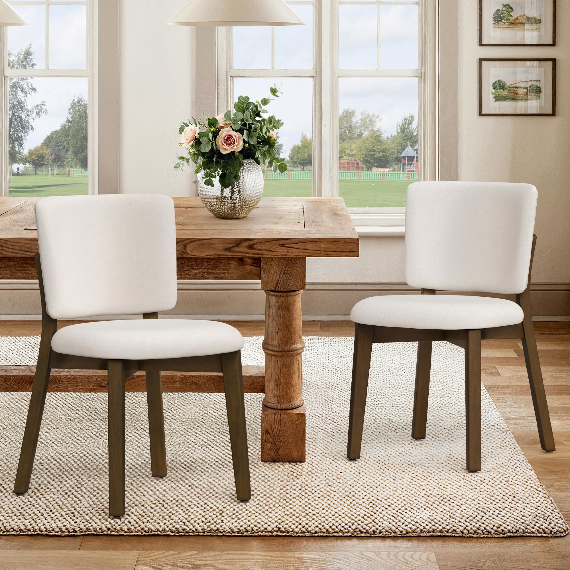 Wooden Dining Chairs Set of 4 - Beige Upholstered Wide Back
