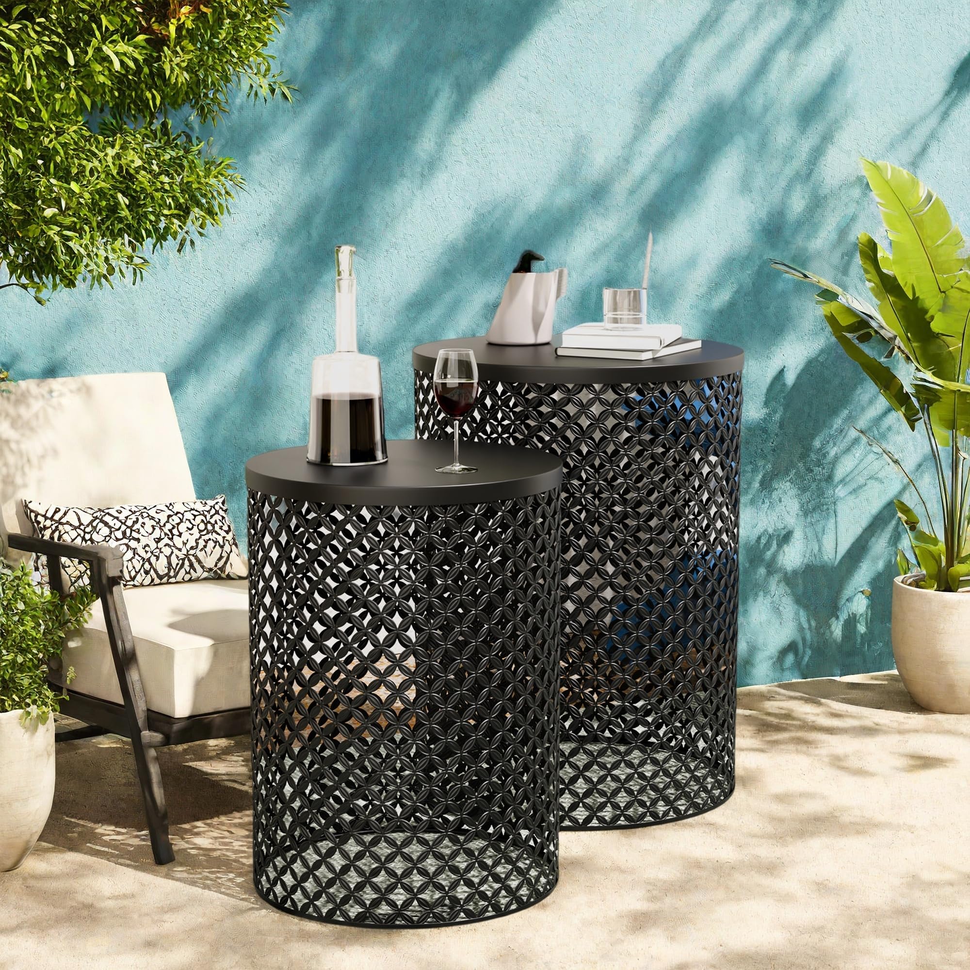 Outdoor Side Table Set of 2 - Round Metal Patio Accent Tables