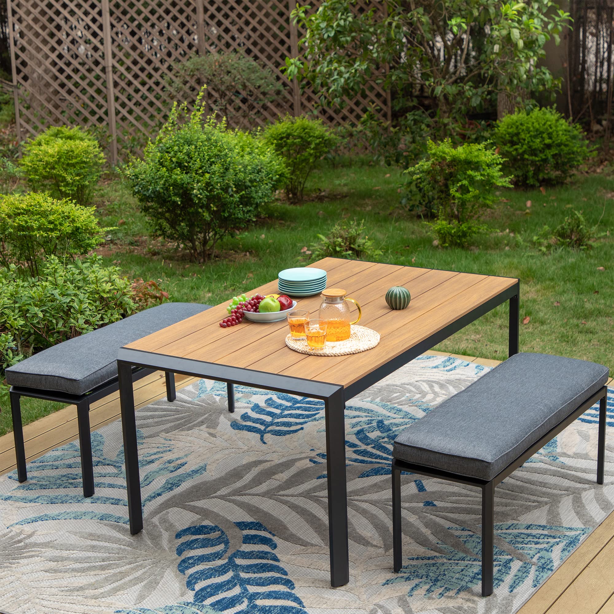 Aluminum Patio Dining Set 3-Piece with Cushioned Benches