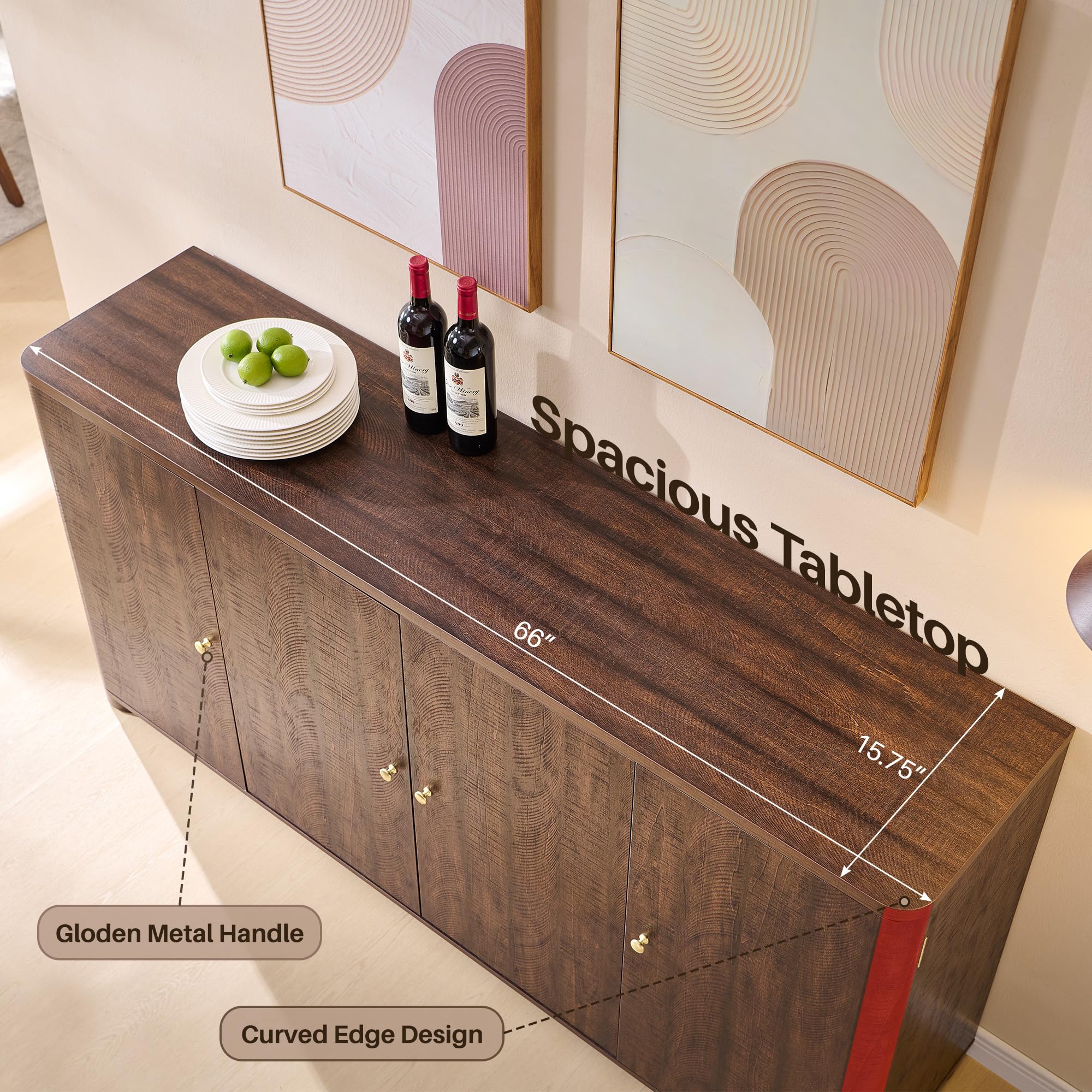 66" Curved Buffet Cabinet with 4 Doors and Shelves