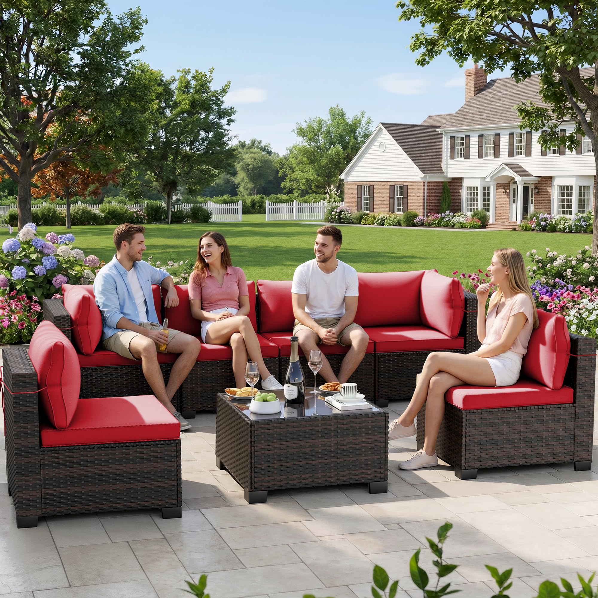 7-Piece Rattan Patio Furniture Set with Coffee Table