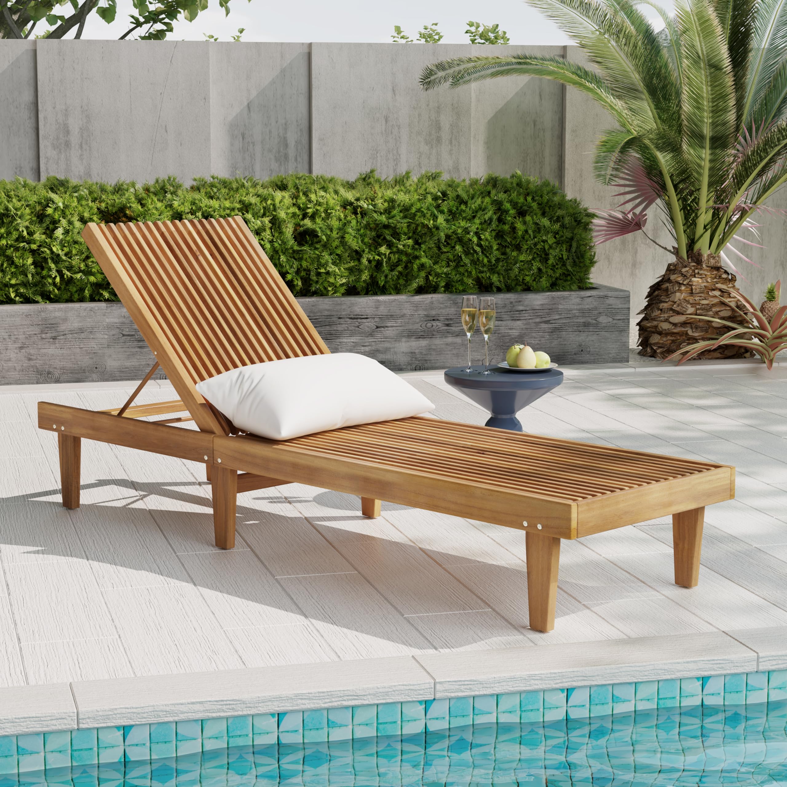Acacia Wood Chaise Lounge Chair with 5-Position Adjustable Backrest