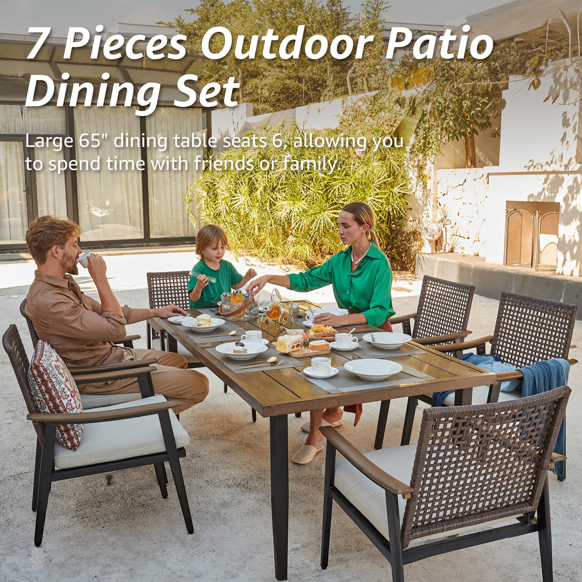 7 Piece Patio Dining Set for 6 with Rattan Wicker Chairs