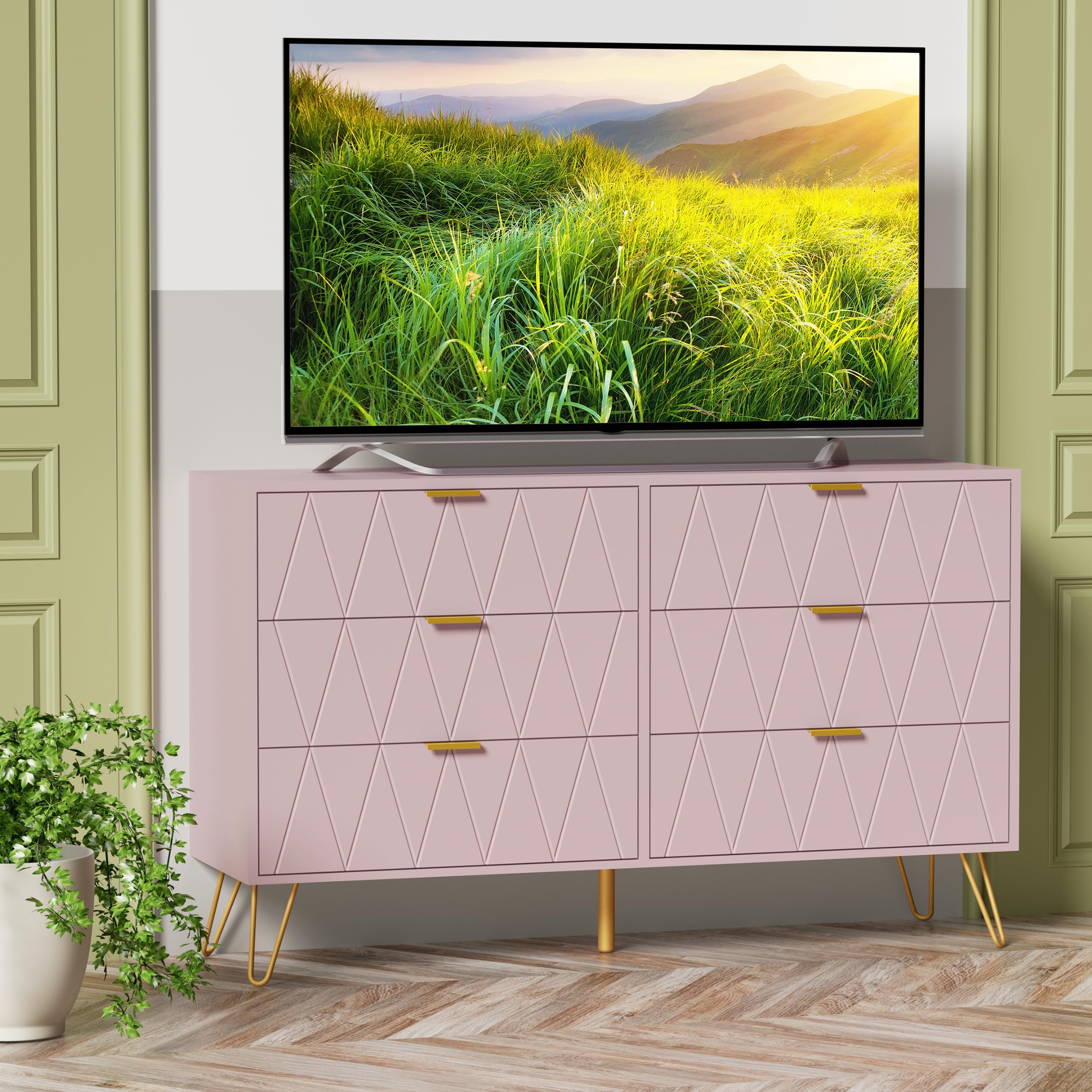 6 Drawer Dresser with Wide Drawers and Metal Handles