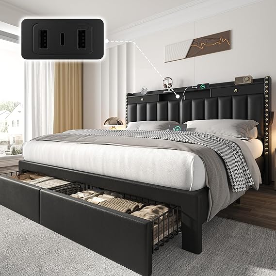 Queen Bed Frame with Storage Drawers and Charging Station