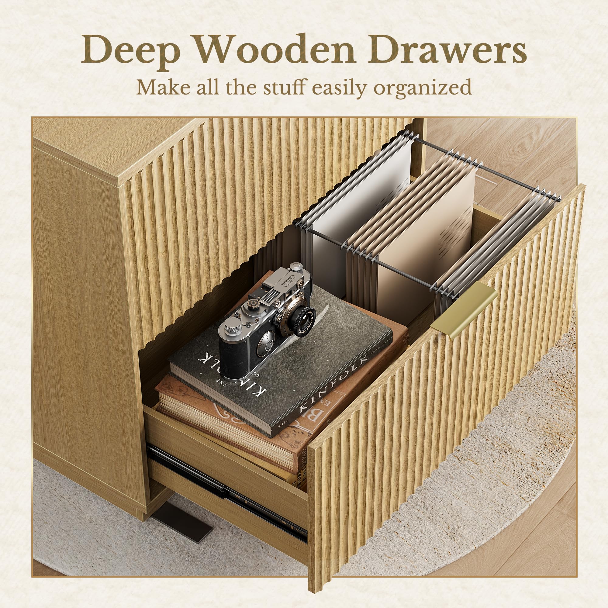 Perledesign 2 Drawer Fluted File Cabinet, 32'' Lateral File Cabinet for Legal/Letter/A4/F4 Size Hanging Files, Wood File Storage for Home Office, Light Walnut