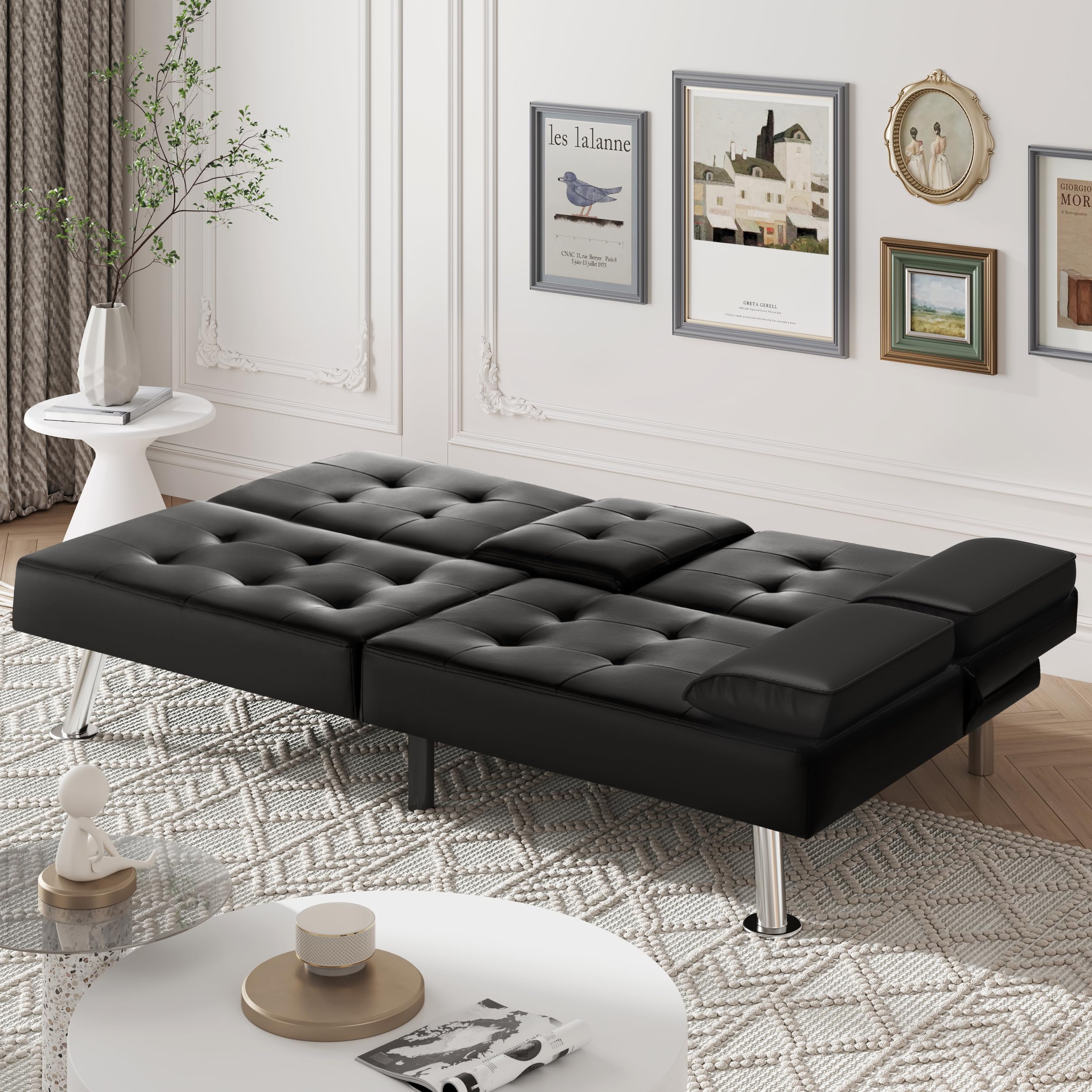Convertible Futon Sofa Bed with Cup Holders - Faux Leather Recliner Couch