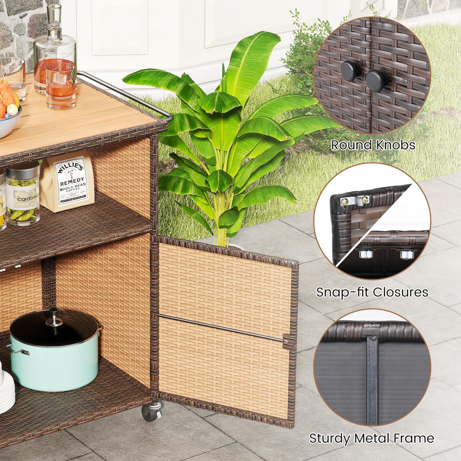 Rattan Outdoor Storage Cabinet with Acacia Wood Countertop