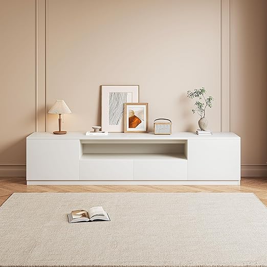 102" White Modern Entertainment Center for 85" TV with Glass Display Cabinet