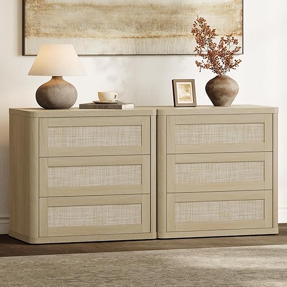 Rattan Nightstand Set of 2 with 3 Drawers