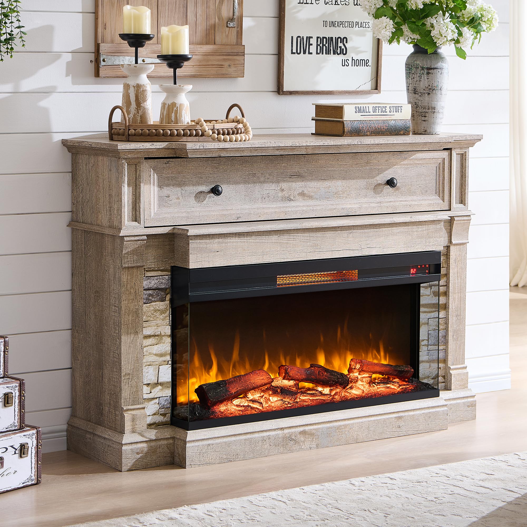 52" Electric Fireplace TV Stand with 3-Side Glass Insert and Storage