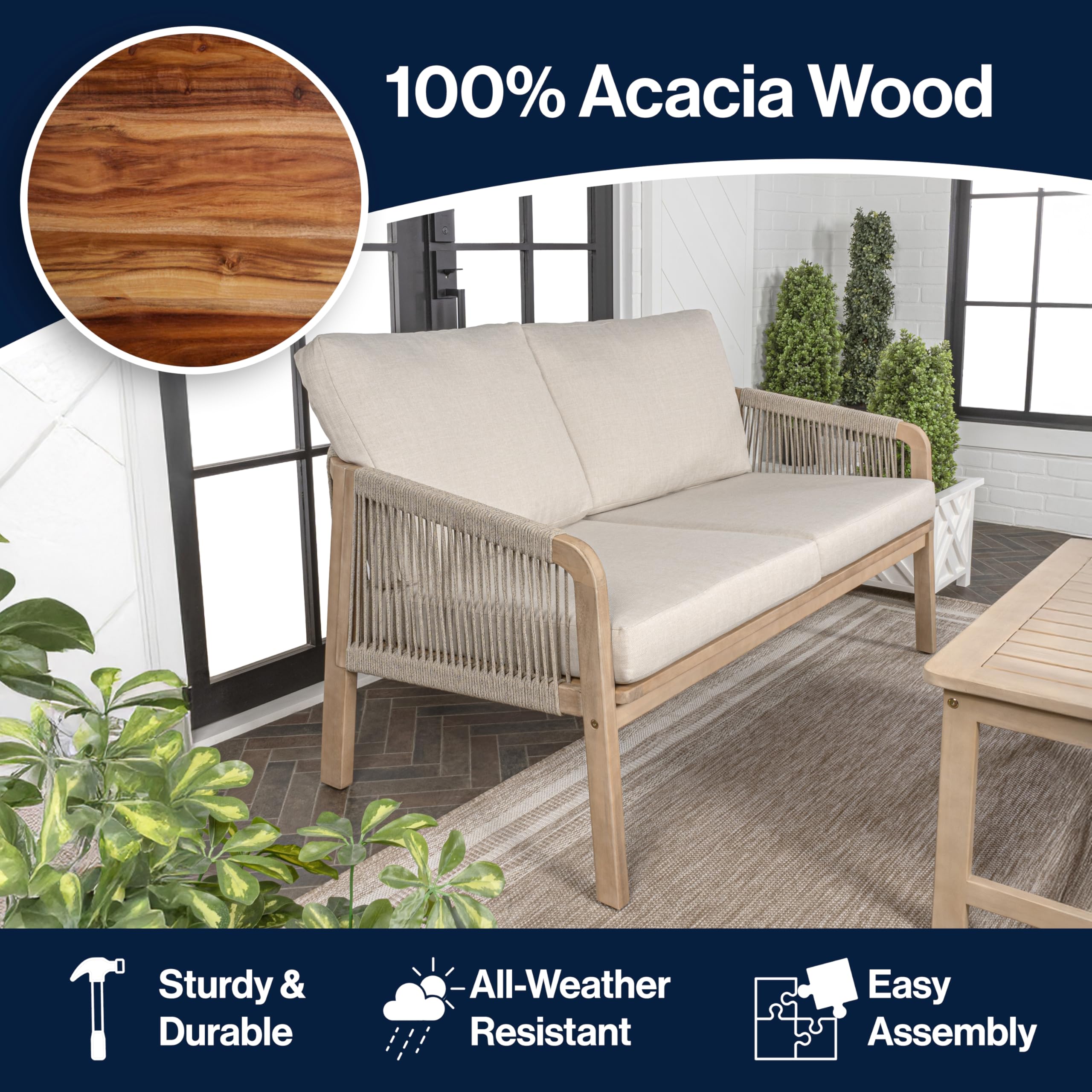 Arwen Roped Acacia Wood Outdoor Loveseat with Cushions
