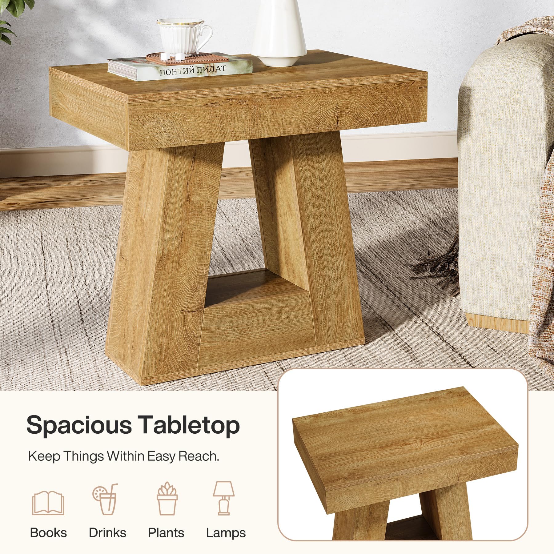 24" Modern Side Table 2-Tier Narrow Wooden End Table